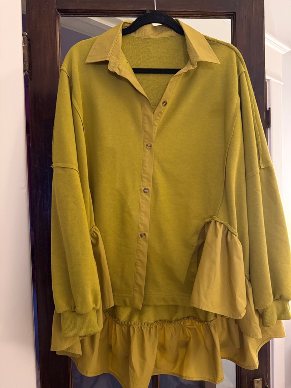 Mustard Yellow Button-Front Tunic with Ruffle Hem